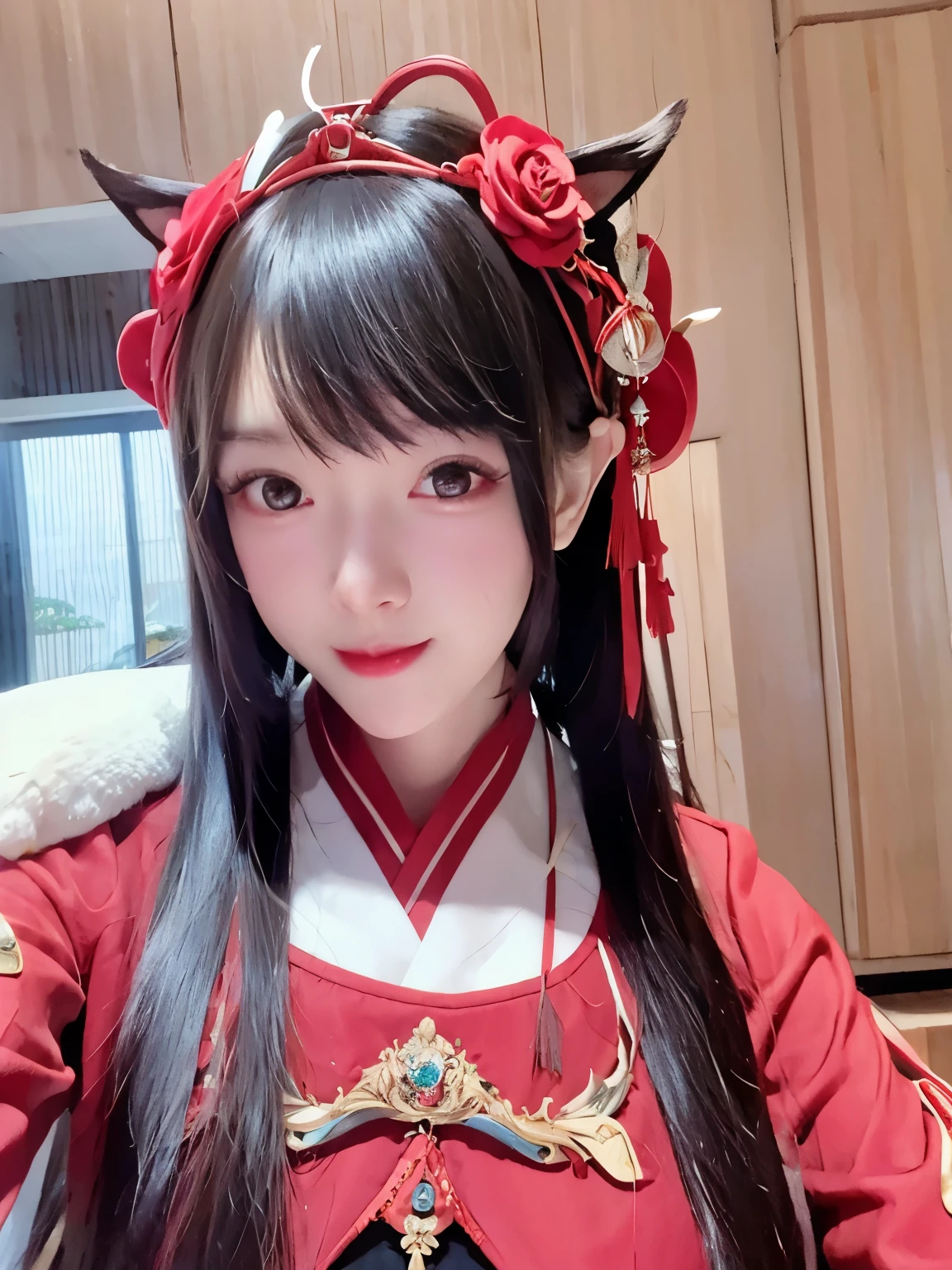  There is a Chinese girl in a red oriental costume,She has long black hair,He wears a rose on his head。 She is holding a fox mask with her right hand , covering half of her face ,The background is a mysterious darkness 。
