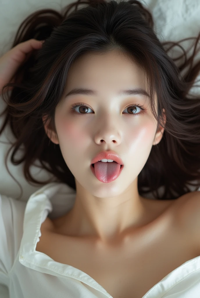 masterpiece photo by emily soto, sexy kpop idol laying random place, nsfw:1.8, first sex pov , presenting sexual temptation,  beatiful  slightly visable, open mouth wanting kiss, sex pov, ((small flat tit )), spread legs, footjob pov