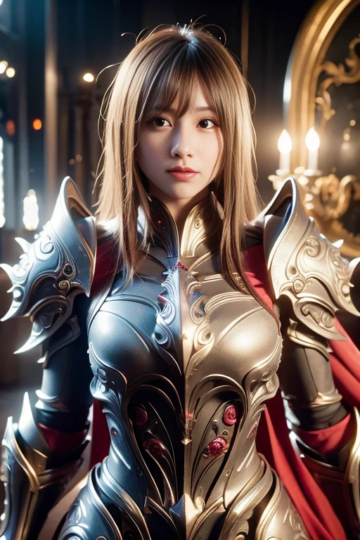 An extremely beautiful young woman,  Modest Makeup ,  photorealistic,  High Contrast , 8K HD,   Details, hyper-  Details,  Realistic Skin Textures , Long white hair,  Big Breasts , Perfect Nose,  top quality,   ultra high resolution,  RAW photos , Dramatic lighting,  Unreal Engine , Diffusion Light, white full body knight armor , Cape,  stylish pose , smiles、