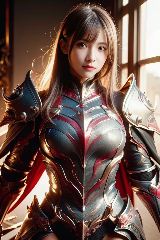 An extremely beautiful young woman,  Modest Makeup ,  photorealistic,  High Contrast , 8K HD,   Details, hyper-  Details,  Realistic Skin Textures , Long white hair,  Big Breasts , Perfect Nose,  top quality,   ultra high resolution,  RAW photos , Dramatic lighting,  Unreal Engine , Diffusion Light, white full body knight armor , Cape,  stylish pose , smiles、