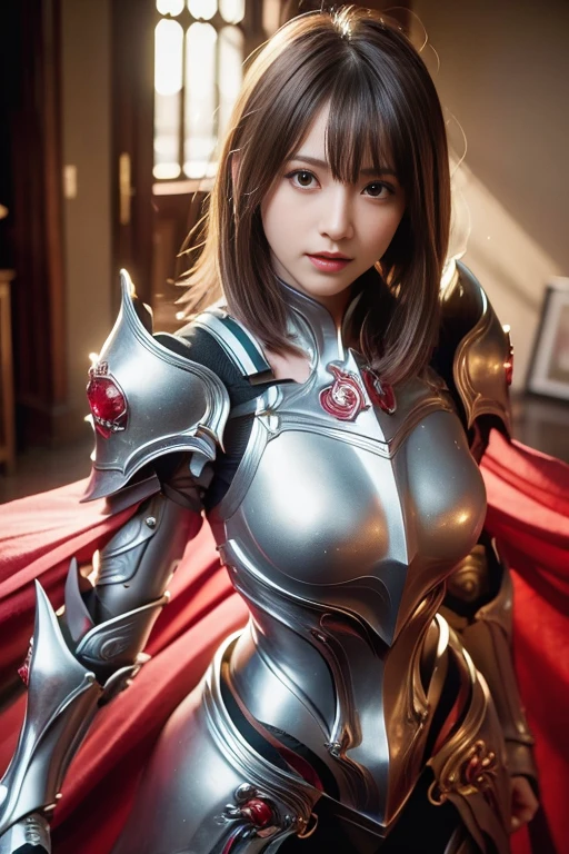 An extremely beautiful young woman,  Modest Makeup ,  photorealistic,  High Contrast , 8K HD,   Details, hyper-  Details,  Realistic Skin Textures , Long white hair,  Big Breasts , Perfect Nose,  top quality,   ultra high resolution,  RAW photos , Dramatic lighting,  Unreal Engine , Diffusion Light, white full body knight armor , Cape,  stylish pose , smiles、