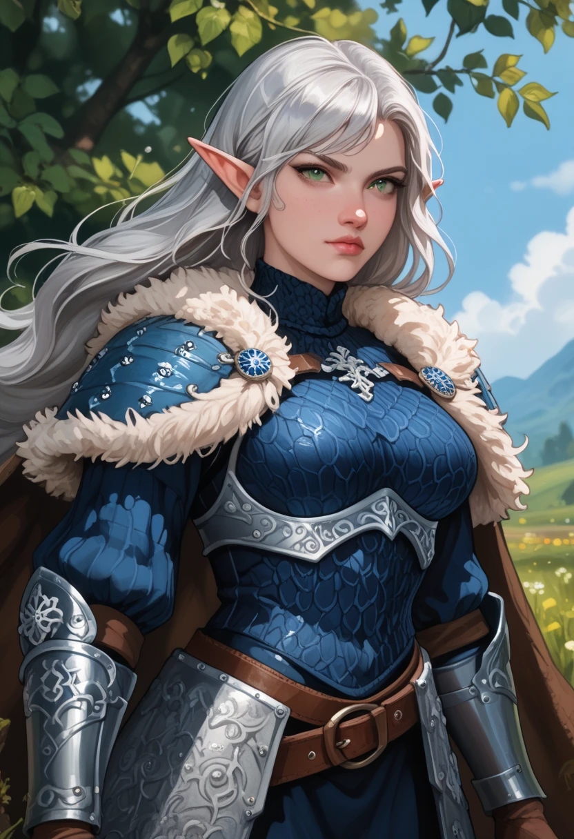 score_9, score_8_up, score_7_up, woman, green eyes, gorgeous, elf, fur outfit, black viking outfit, pale skin, solo, dark blue heavy armour, dark blue medieval armour, dark blue chainmail, mythril armour, elven ornaments, fur cloak, standing up straight, calm face, runic tattoos, silver hair, closed mouth, cowboy shot woman fighting, strong, wearing a sword , warrior, hair in the wind, big boobs, laufen, elf ears, long hair