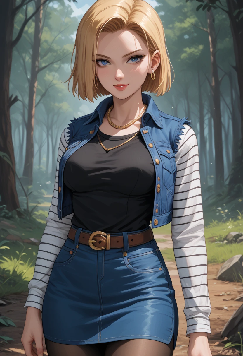 best quality, high-res, and18, 1girl, android 18, solo, blonde hair, blue eyes, belt, blue demin bodycon skirt, gold necklace, black shirt, short hair, long sleeves, striped sleeves, earrings, open vest, blue denim vest, large breasts, cowboy shot, forest, straight-on, (weather: windy), combat ready position, full length pantyhose, battle ruins, wide hips, shy smile,