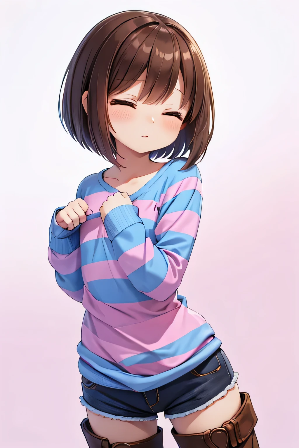 ((best quality)), ((masterpiece)), (detailed), <lora:Undertale Frisk:0.4>, Undertale Frisk, brown hair, (brown shorts:1.3), bob cut, short hair, black pantyhose, (blue shirt:1.3), yellow eyes, (1girl:1.3), (solo:1.3), striped, striped shirt