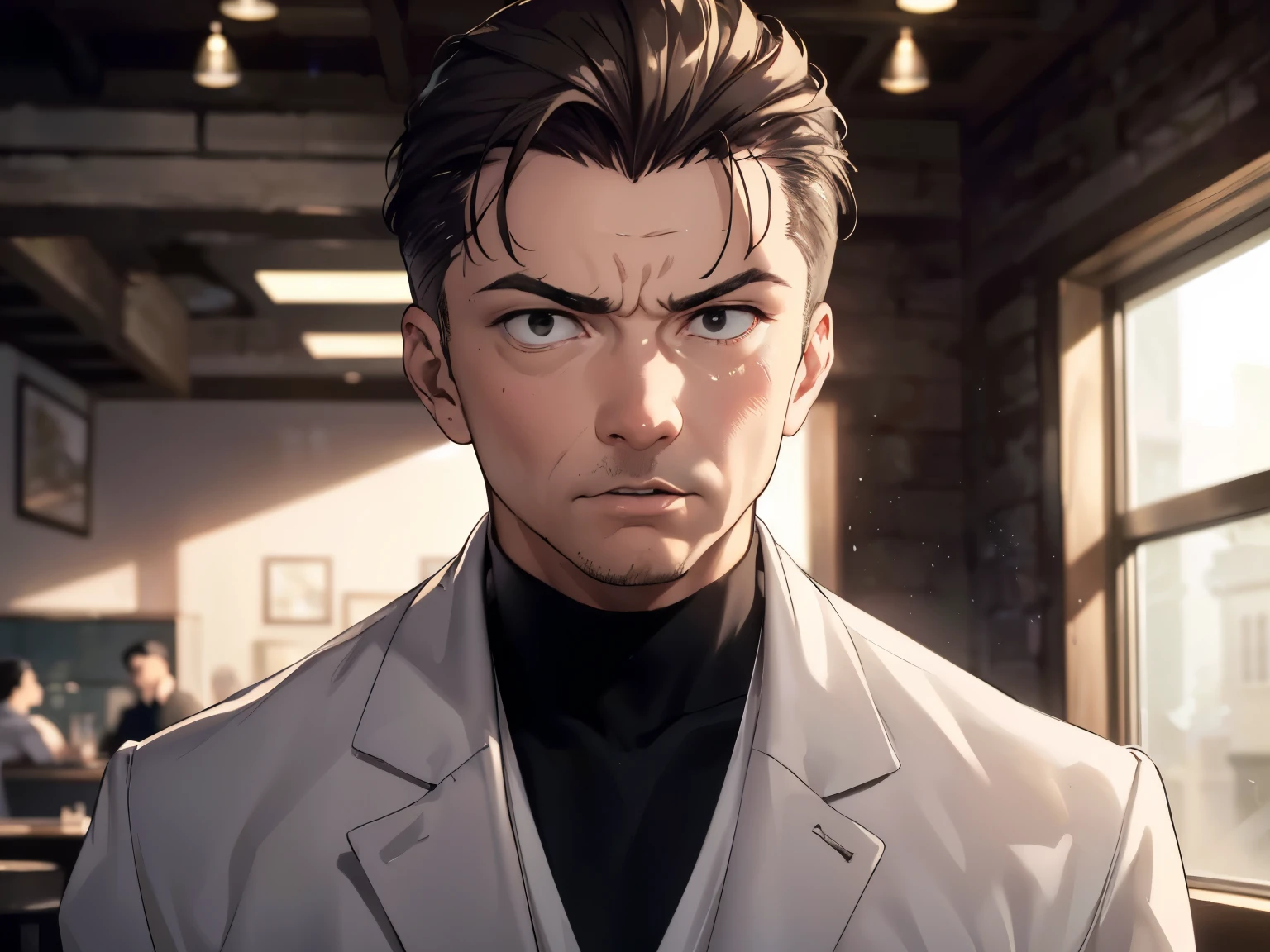 (glaring, scorn, parted lips), 1 male, (upper body), black eyes, ((sanpaku)), ((hair slicked back)), (dark brown hair), (white coat), cinematic lighting, dramatic lighting, Sharp Focus, (Best Quality, masterpiece, detailed, facial focus), ((in the cafe)), [old man, elderly], [slightly open mouth]