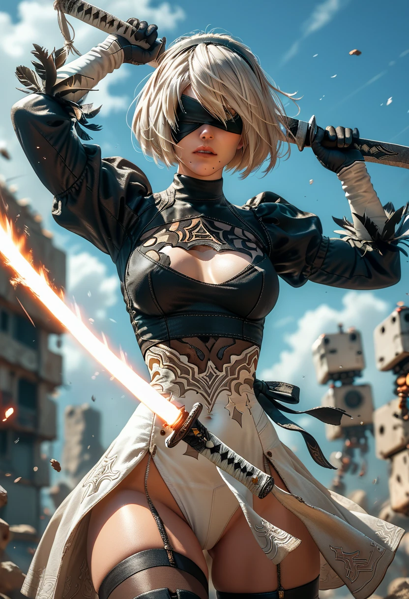 1woman, (2B),(Nier Automata 2B), fighting poses, wielding giant katanas in both hands