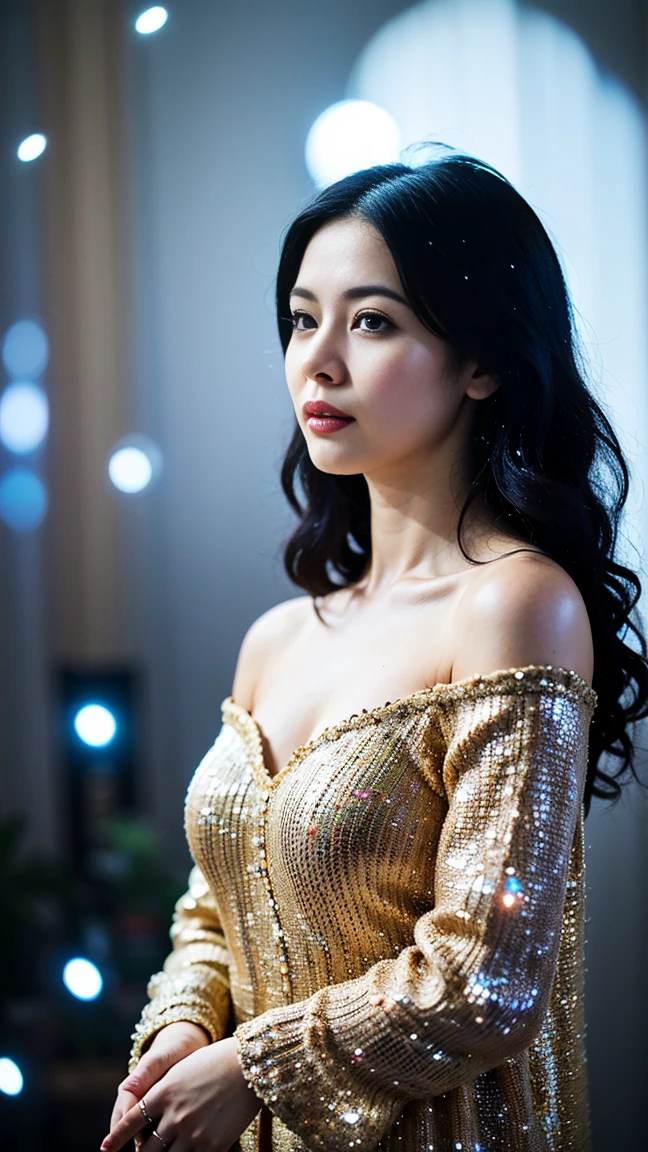 Night view,  in air port airoplane, enjoying travel in dubai,full shot of vedhika, big fishy eyes, open eyes, wearing,  designs FROCK, looking to viewers, smile, cury body, hourglass figure, ,ponytail, black hair, necklace, (cinematic:1.3) , intricate details, (ArtStation:1.2)