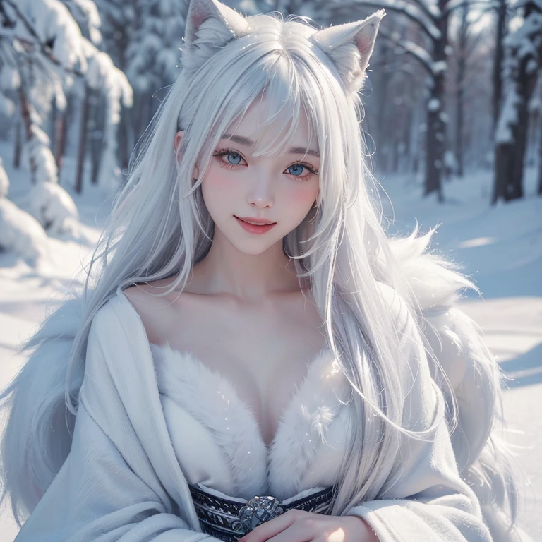 Snowy mountains、Dancing with the Wolf-Headed Man、 ((highest quality、masterpiece、8k、Best image quality、Ultra-high resolution、Award-winning works)、(Accurate anatomy:1.1)、(Look at me and smile:1.1)、Shining fair skin with Ultra-high resolution、The most detailed face、Ultra-high resolution detailed face、Short, flowing white hair 、Beautiful face drawn in every detail、(Blurred Background:1.1)、 Inuit fur clothing, Small breasts,