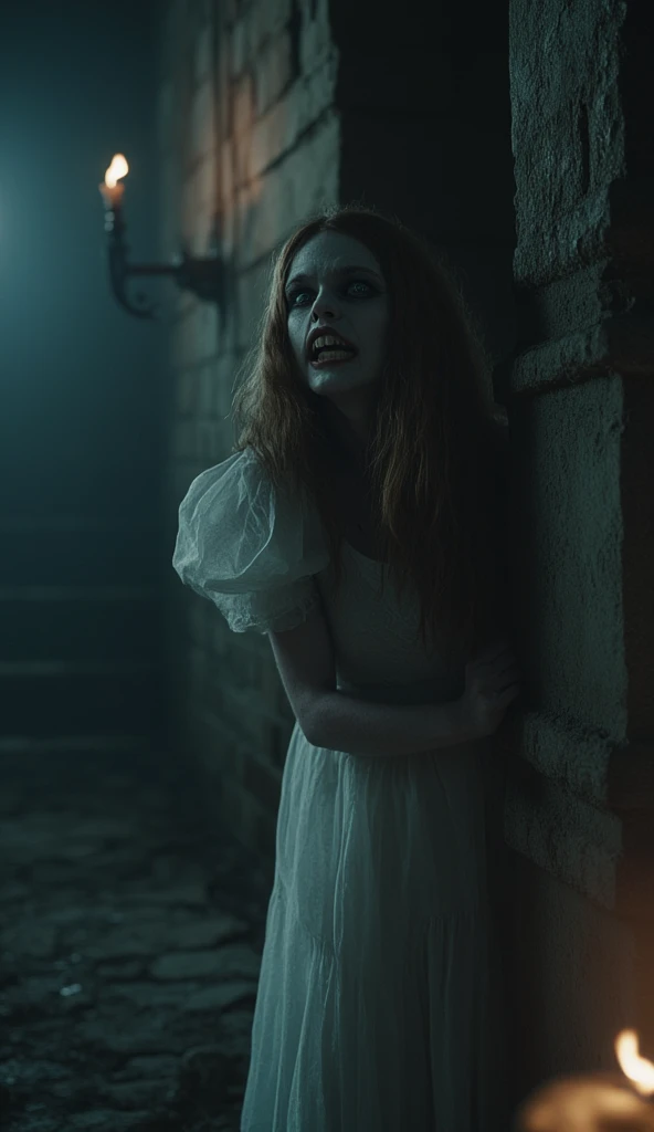 A cinematic horror-fantasy scene inspired by Count Dracula. A shy and timid gothic young woman who is Countess Dracular with long, wavy reddish-brown hair and pale, vampiric skin is peeking out nervously from behind a column in a dark and eerie medieval mansion. Her large blue eyes glimmer with fear, but she bares her sharp, gleaming white, elongated fangs in a defensive, cat-like snarl, adding a hint of menace to her delicate features. She wears a sheer white cotton gown, thin enough for light to pass through. The dimly lit setting is illuminated only by long-handled torches mounted securely in wall brackets, casting flickering shadows across the hauntingly atmospheric space. The mood combines fear, astonishment, and fantasy, evoking classic vampire horror films.