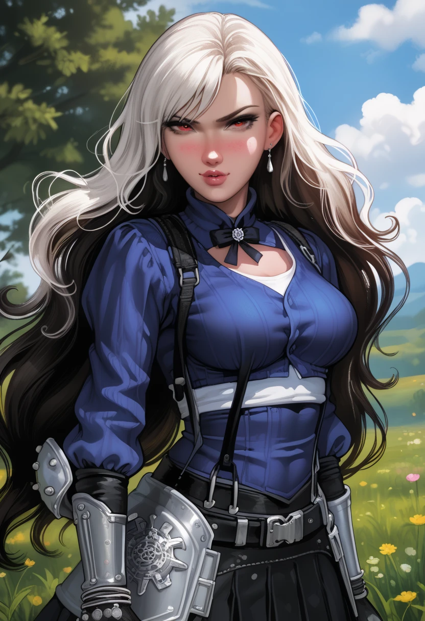 8k,master part, quality bset,Big, (1 girl), Yennefer, Purple_eye, black hair , long hair, professional lighting, ( shiny skin: 1.2), large bright, (( best quality )), sharp focus: 1.2, Highly detailed face and skin texture, detailed eyes, perfect face, perfect body, blur art, CG, Background Story, Big breasts , Presence (20 years, mature face, fresh and beautiful), using ((blue skirt), white shirt, thigh), Blush, (Mittgal), randome pose, Top view, eye perfeito, angry face, gym background, aroma sensei art style score_9,score_8_up,score_7_up,masterpiece,best quality,8k, 7rtifa, red eyes, low-tied long hair, earrings, white crop top, suspenders, pleated miniskirt, black thighhighs, arm guards, elbow gloves, fingerless gloves, red boots, depth of fields, subsurface scattering, translucent, glowing, sss, atmospheric lighting, atmospheric haze