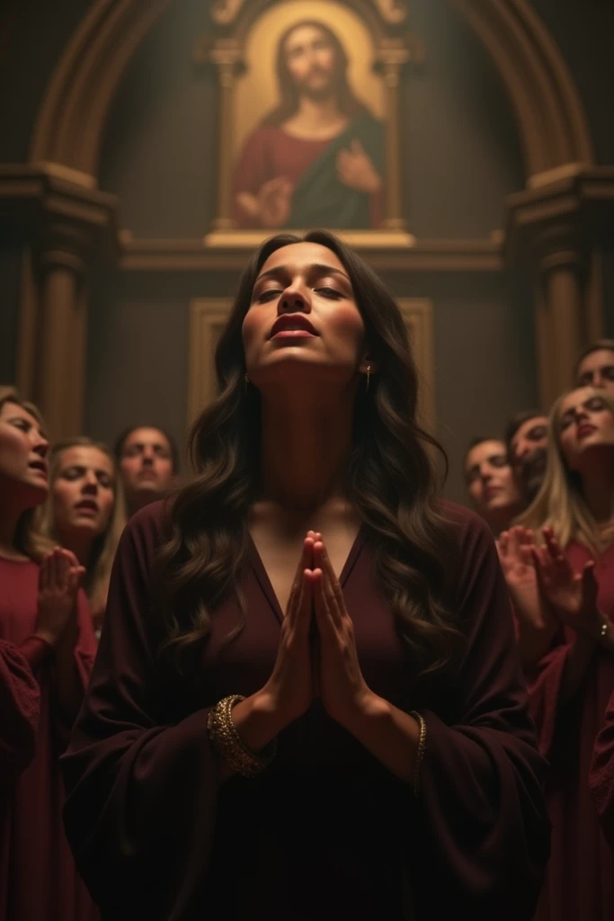 A fat white girl, de 18 anos, Brazilian, with Modest long sleeved dress , in a Catholic church wearing a full head-length sequined veil at mass, with almost long, curly dark blond hair, and dark brown eyes