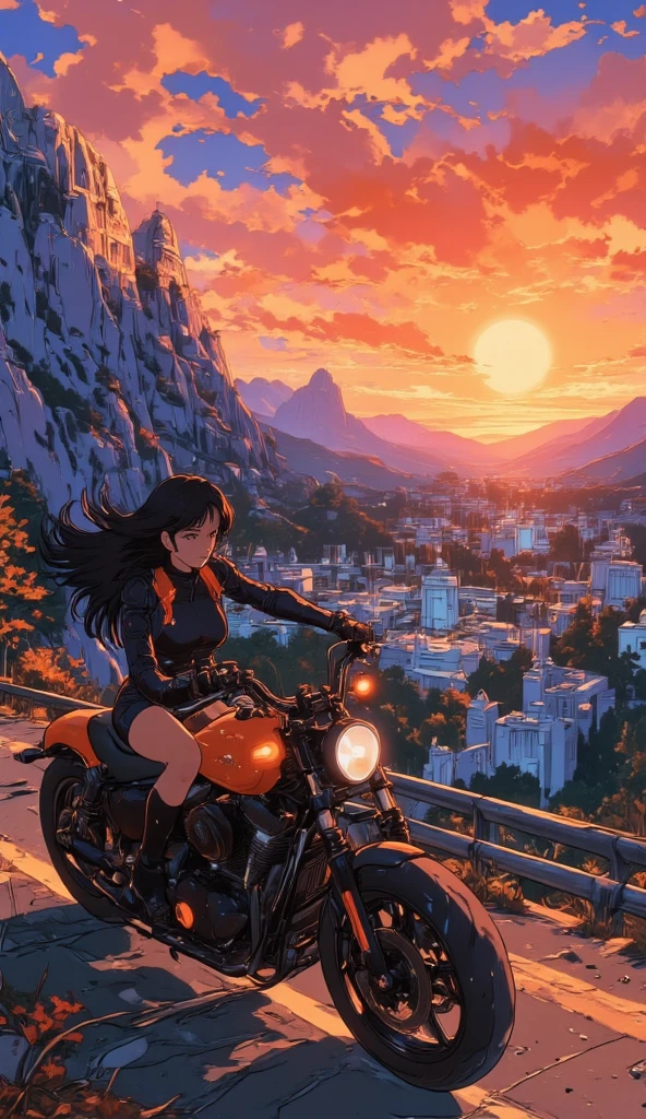  A beautiful young Japanese woman .
 black hair, knee-length , fluttering in the wind.
 Riding a Harley Davison-style motorcycle in black and orange .
On a road on the edge of a giant mountain .
 In the background of the valley an all-white futuristic city with castles and houses in the Greek style.
 A shimmering sunset , obfuscating,  orange gradient , pumpkin, lilac, vivid colors.
 A sun with sun rays that cross the clouds.
32K, HDR, UHD. 