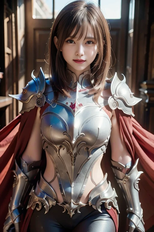  smiles、An extremely beautiful young woman,  Modest Makeup ,  photorealistic,  High Contrast , 12k hdｒ,   Details, hyper-  Details,  Realistic Skin Textures , Long white hair,  Big Breasts , Perfect Nose,  top quality,   ultra high resolution,  RAW photos , Dramatic lighting,  Unreal Engine , Diffusion Light, white full body knight armor , Cape,  stylish pose ,