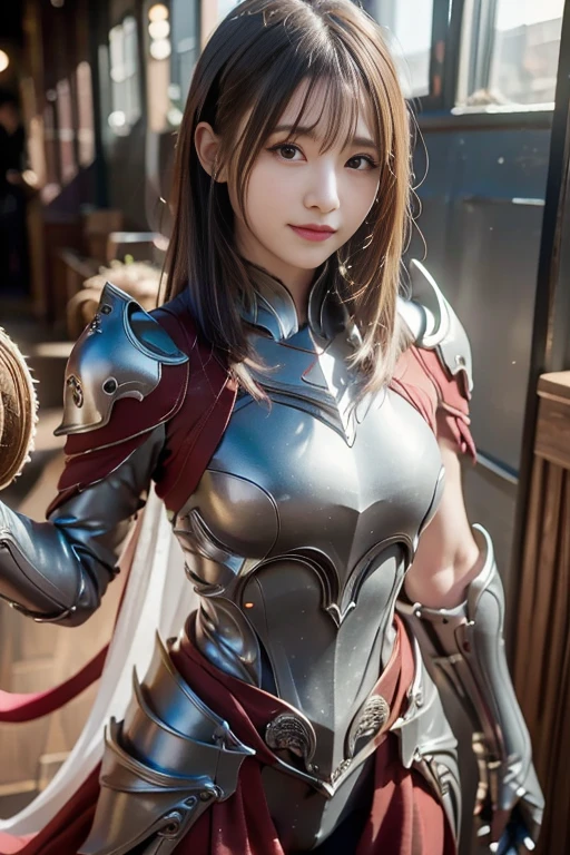  smiles、An extremely beautiful young woman,  Modest Makeup ,  photorealistic,  High Contrast , 12k hdｒ,   Details, hyper-  Details,  Realistic Skin Textures , Long white hair,  Big Breasts , Perfect Nose,  top quality,   ultra high resolution,  RAW photos , Dramatic lighting,  Unreal Engine , Diffusion Light, white full body knight armor , Cape,  stylish pose ,