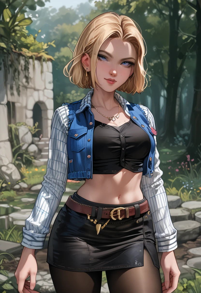 best quality, high-res, and18, 1girl, android 18, solo, blonde hair, blue eyes, belt, blue demin bodycon skirt, gold necklace, black shirt, short hair, long sleeves, striped sleeves, earrings, open vest, blue denim vest, large breasts, cowboy shot, forest, straight-on, (weather: windy), combat ready position, full length pantyhose, battle ruins, wide hips, shy smile,