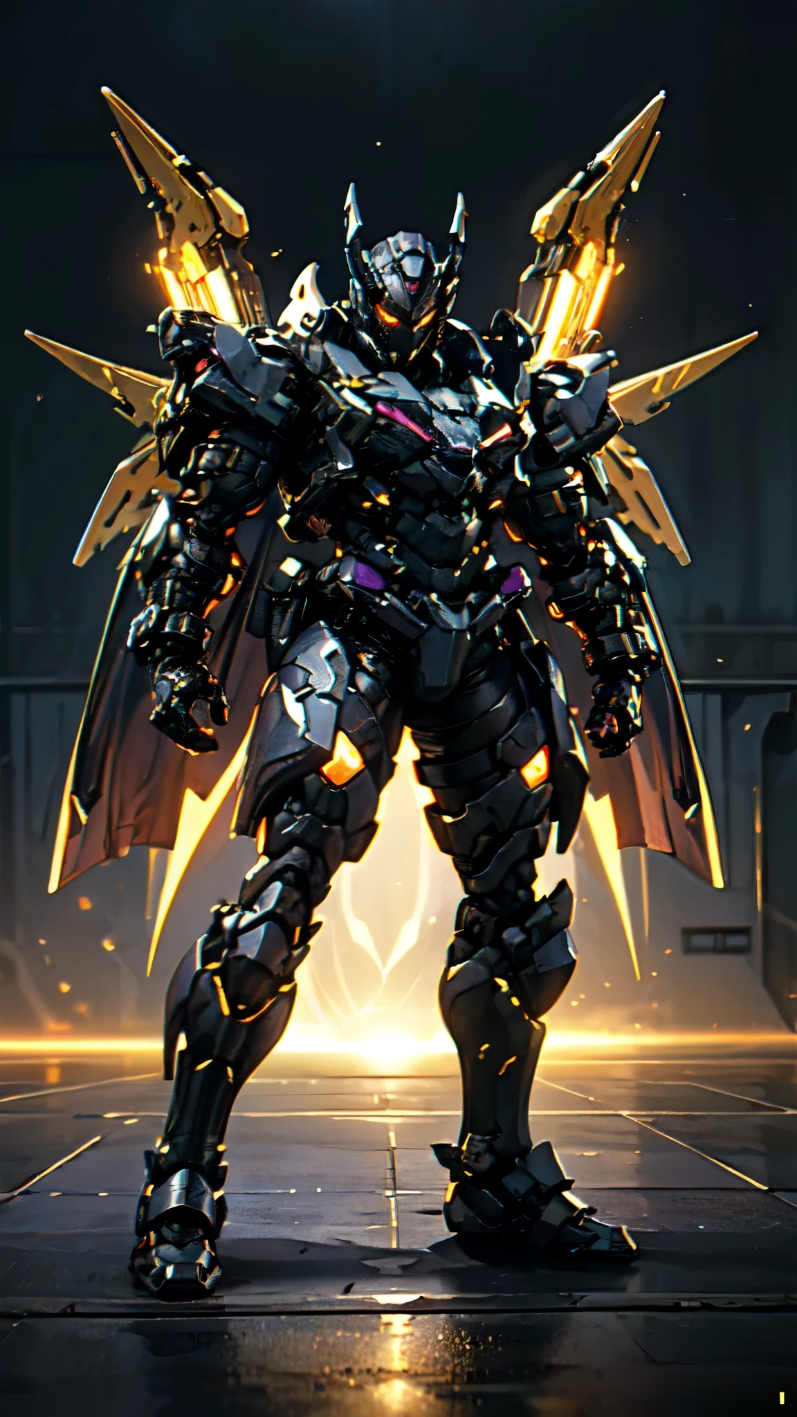 (masterpiece:1.5, best quality:1.5, extremely delicate:1.5), ((male:1.5)), a man wearing a full-face helmet, high-tech biomimetic armored combat suit, (a composite layered chest armor), the design balances heavy with agility, fully enclosed shoulder guards, matching arm and leg guards, a belt of gemstone, (the color scheme is primarily Red with Yellow and Purple accents, Organic Biotech, Concept Inspired by Vampire, glowing eyes, armor glows, huge cloak like devil wings, blood), stand of a futuristic sci-fi city, this character embodies a finely crafted fantasy-style armored hero in anime style, exquisite and mature art style, metallic, high definition, highres, ultra-detailed, ultra-fine painting, professional, perfect body proportions, golden ratio, anatomically correct, symmetrical face, extremely detailed eyes and face, high quality eyes, creativity, RAW photo, UHD, 32k, Natural light, cinematic lighting, (masterpiece-anatomy-perfect:1.2)