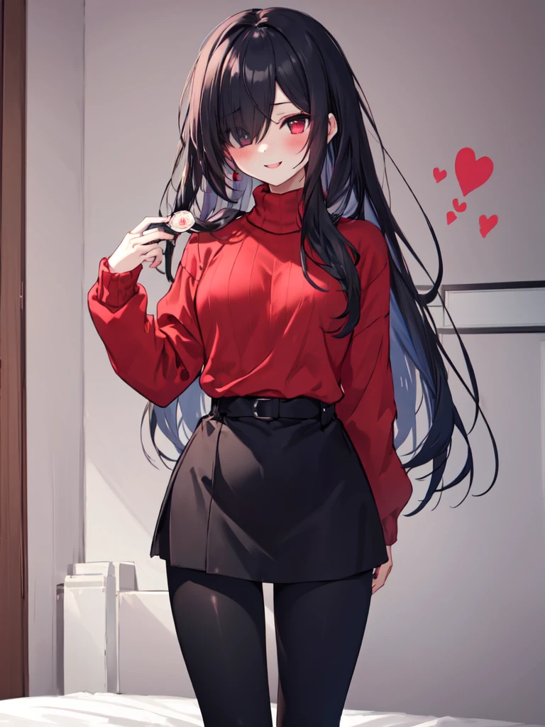  1 girl , solo,  black hair,  long hair,  hair to hide one eye, Straight Hair, Beautiful breasts, medium chest ,Red sweater, sweater dress,leggings, red eyes, Slanted Eyes,His right eye is hidden by his hair, Crazy Eyes, Heart Shaped Eyes ,  blush,  yandere, uneasy smile,  crazy smile , standing,Hands Behind Back, high definition ,  simple background, bedroom, top quality,  anatomically correct, masterpiece,