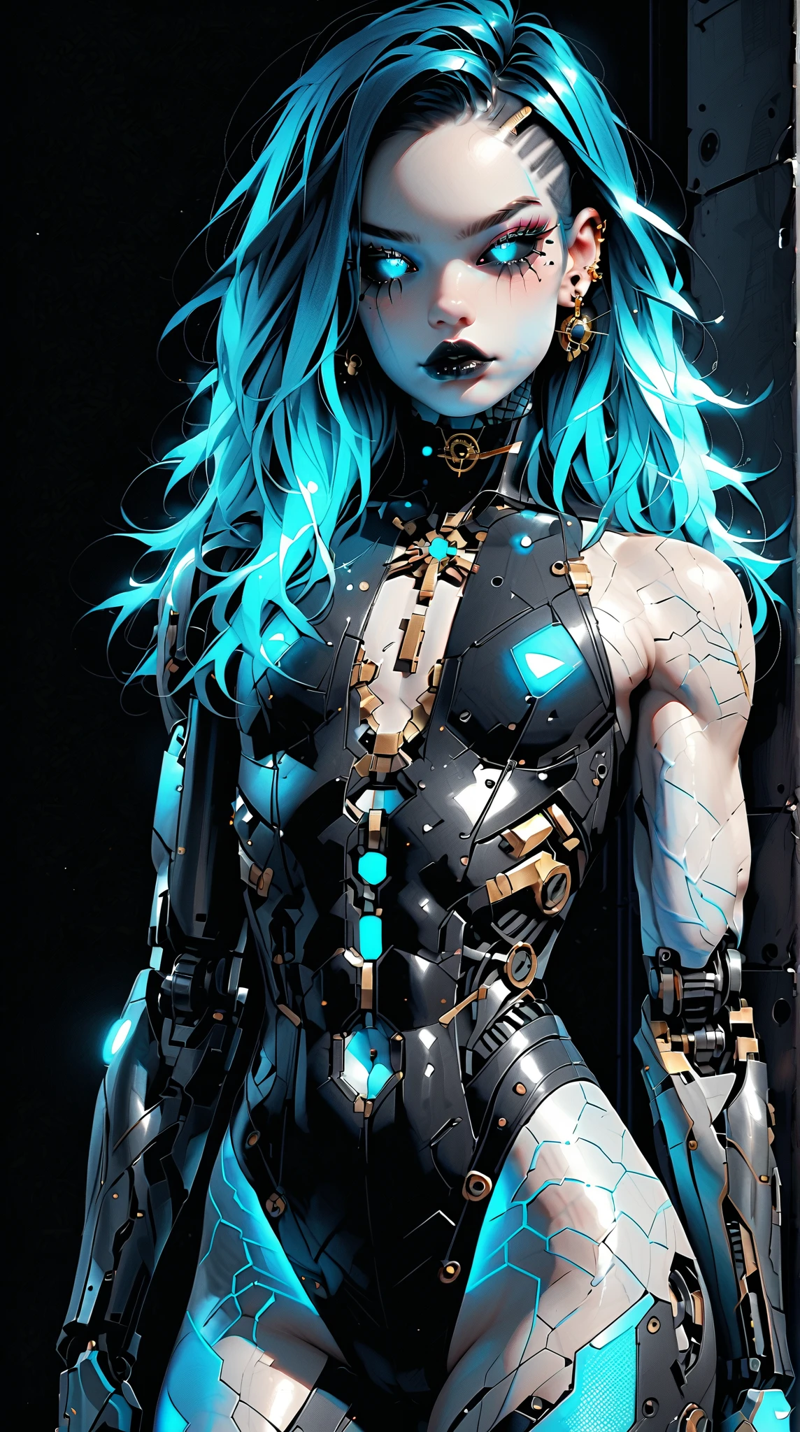 (nsfw:1), (Uncensored:1), score_9, score_8_up, score_7_up, (full body Shot), (1 girl), (asian), beautiful teenage (skinny) muscular goth cyborg girl, (full Cybernetic bodysuit:1.5), (black sclera:1.5), (blue glowing eyes:1.5), (blue glowing body veins:1.5), (flat chest:1.25), (blue glowing hair:1.25), (beautiful face:1.25), (bodybuilder femboy physique:1.25), (skinny long legs:0.75), (intricate gold filigree:1.5), bimbo lips, cowboy shot, cybernetic, mechanoid body parts, exposed cables and circuits, neon lights, gothic neon style, cyber punk style, super realistic image, beautiful digital paint , hyper Realistic illustrations, CyberRealistic_Negative_PONY