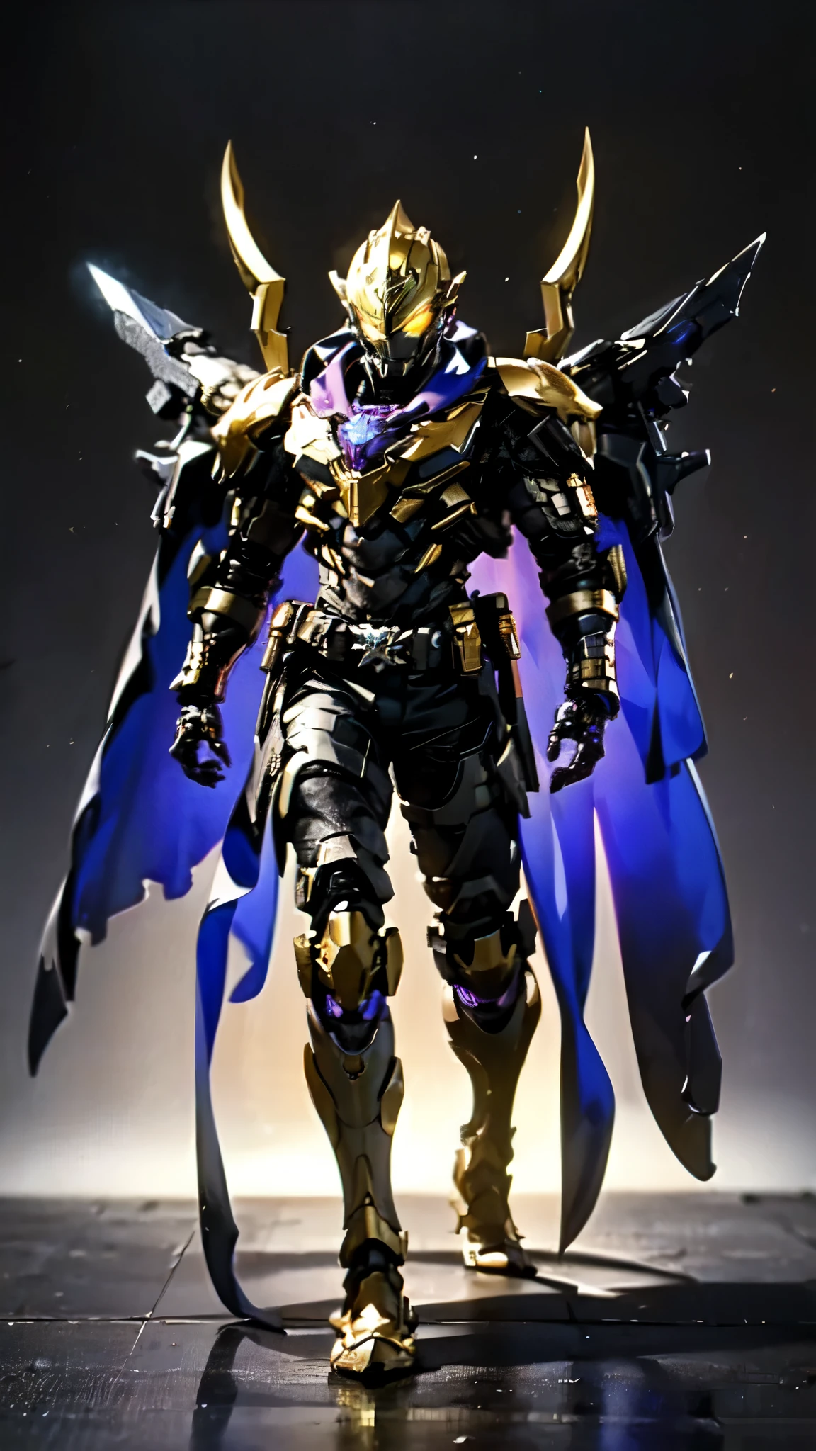 (masterpiece:1.5, best quality:1.5, extremely delicate:1.5), ((male:1.5)), a man wearing a full-face helmet, high-tech biomimetic armored combat suit, (a composite layered chest armor), the design balances heavy with agility, fully enclosed shoulder guards, matching arm and leg guards, a belt of gemstone, (the color scheme is primarily Purple with Yellow and Red accents, Organic Biotech, Concept Inspired by Vampire, glowing eyes, armor glows, huge cloak like devil wings, blood), stand of a futuristic sci-fi city, this character embodies a finely crafted fantasy-style armored hero in anime style, exquisite and mature art style, metallic, high definition, highres, ultra-detailed, ultra-fine painting, professional, perfect body proportions, golden ratio, anatomically correct, symmetrical face, extremely detailed eyes and face, high quality eyes, creativity, RAW photo, UHD, 32k, Natural light, cinematic lighting, (masterpiece-anatomy-perfect:1.2)