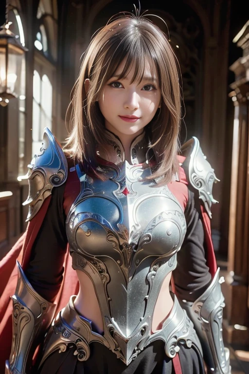  smiles、An extremely beautiful young woman,  Modest Makeup ,  photorealistic,  High Contrast , 12k hdｒ,   Details, hyper-  Details,  Realistic Skin Textures , Long white hair,  Big Breasts , Perfect Nose,  top quality,   ultra high resolution,  RAW photos , Dramatic lighting,  Unreal Engine , Diffusion Light, white full body knight armor , Cape,  stylish pose ,