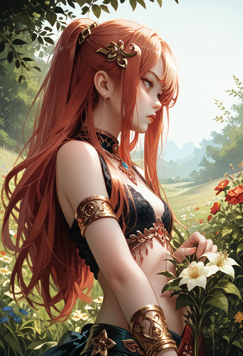 red-haired lamia girl (small breasts) in a field of flowers (long hair below the shoulders) flowers in her hair, gold jewelry on her hands 