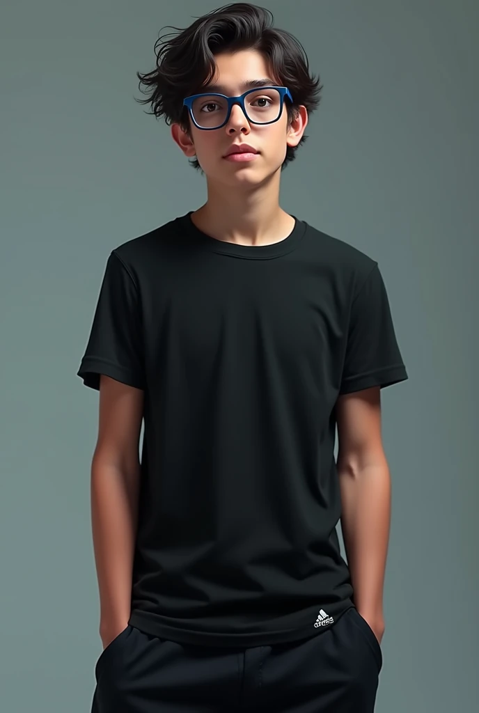 Boy with a mohawk, black shirt, black shorts, black shoes