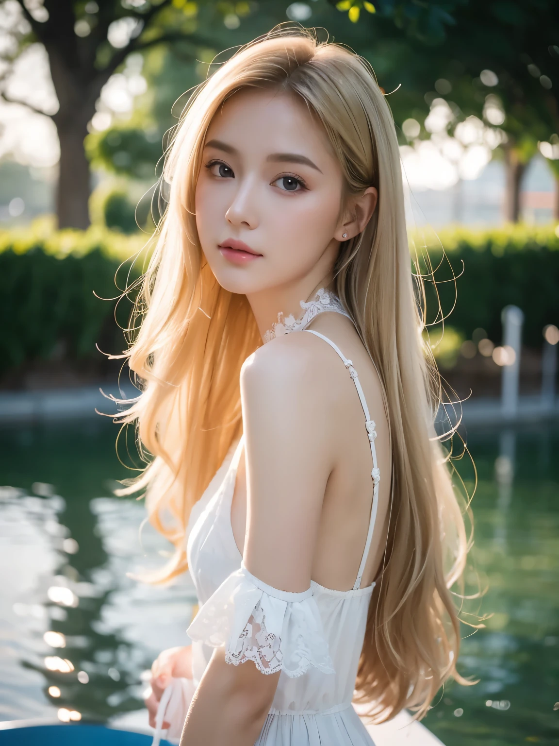 best qualtiy, masterpiece, (realistic:1.6), raw photograph, 1girl, portrait, white lace trim dress, view from side, deep shading, low tune, soft light, looking to the front, sexy pose, long blonde hair, outdoor,water park background, evening time, rim light,