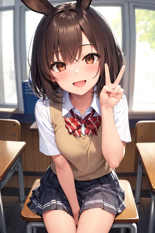 ((best quality)), ((masterpiece)), (detailed), 1girl, tanned skin, brown hair, short hair, brown eyes, real rabbit ears, school uniform, happy expression, tomboyish, peace sign