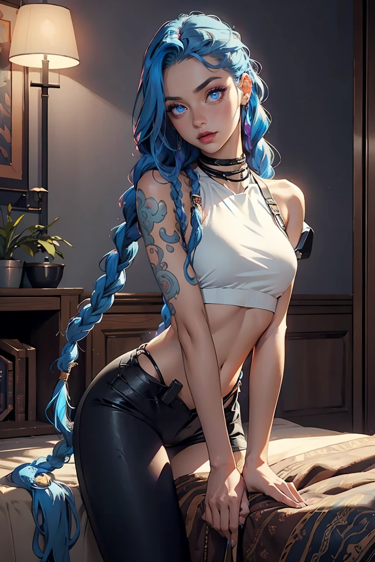 Goddess ((goddess-like woman)), slim elegant silhouette, masterpiece, best quality, sweet face, (masterpiece: 1.2, best quality), (real picture, intricate details), (1 lady, solo, medium tits, small waist, ), ((Jinx/LOL)), beautiful face, kissable lips, very long blue hair, Braided hair, two long braids, (very long blue hair), Blue hair, Blue glowing eyes, glowing eyes, crazy eyes, she has an impressive presence, beautiful face, perfect makeup, Beautiful Eyes, big eyes, she looks at the viewer,   she is wearing a black leggings and white Crop Top and a fuzzy sweater, m3shm1cr0, leggings, short sleeves, midriff, crop top, Boots, sweet irresistible smile, elegant pose, elegant hands, beautiful hands, perfect fingers  , background: bright oriental room,