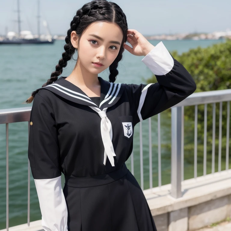 (Best Quality, 8K, 32K, masutepiece, nffsw:1.2), (Raw photo), (Realistic), (Photorealistic:1.2), (High resolution), Ultra-detailed, Extremely beautiful face & Eyes, 1girl in, (Lori, 14 years old:1.2), Young Woman, round small face, thin waist, huge-breasted, slim proportions, (japanese sailor suits, sailor fuku, serafuku, Japanese school sailor uniform, darkblue pleated skirt:1.27), (From below, White thong, Crotch:1.24), ((((((()))))Inside the cockpit of a spacecraft)))))、(((((weightless)))))、(((((