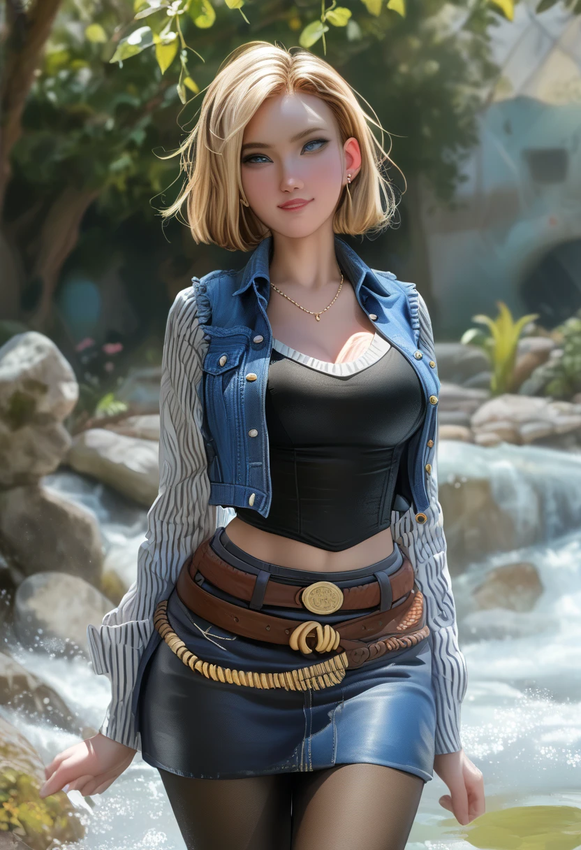 best quality, high-res, and18, 1girl, android 18, solo, blonde hair, blue eyes, belt, blue demin bodycon skirt, gold necklace, black shirt, short hair, long sleeves, striped sleeves, earrings, open vest, blue denim vest, large breasts, cowboy shot, forest, straight-on, (weather: windy), combat ready position, full length pantyhose, battle ruins, wide hips, shy smile,