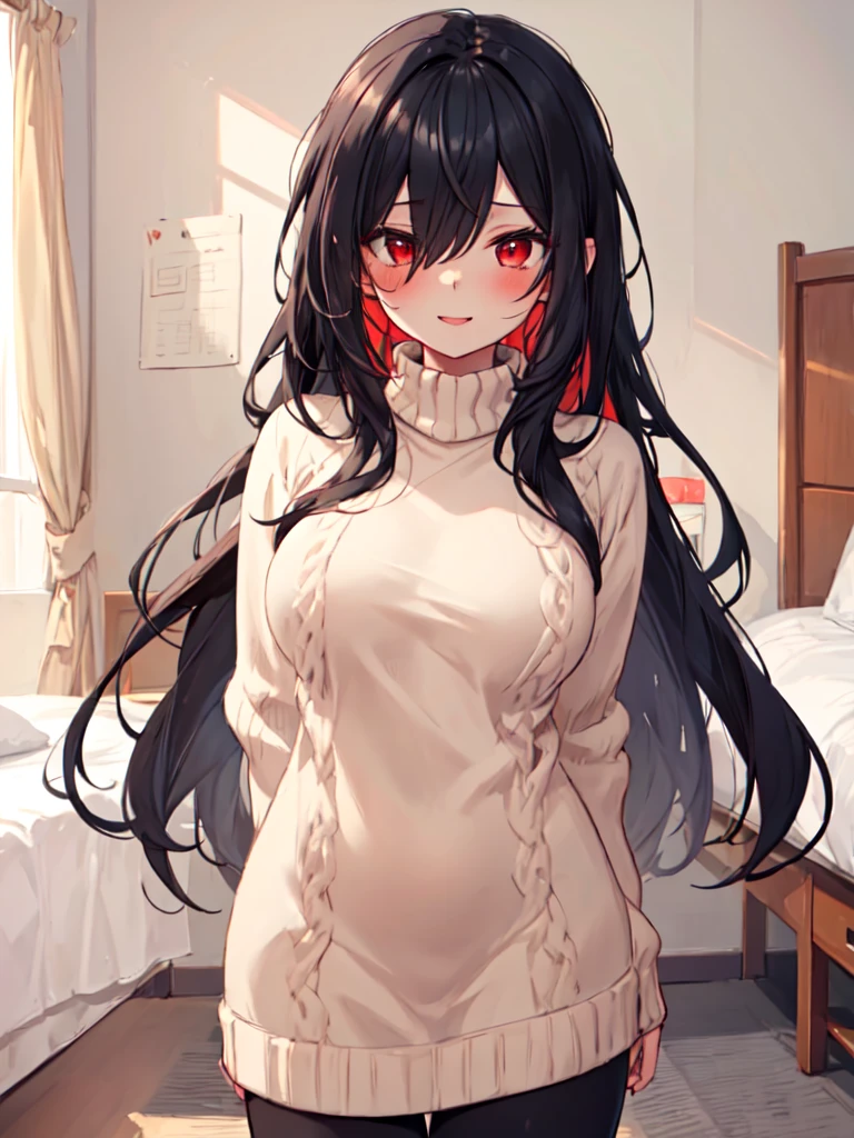  1 girl , solo,  black hair,  long hair,  hair to hide one eye, Straight Hair, Beautiful breasts, medium chest ,Red sweater, sweater dress,leggings, red eyes, Slanted Eyes,His right eye is hidden by his hair, Crazy Eyes, blush,  yandere, crazy smile , standing,Hands Behind Back, high definition ,  simple background, bedroom, top quality,  anatomically correct, masterpiece,