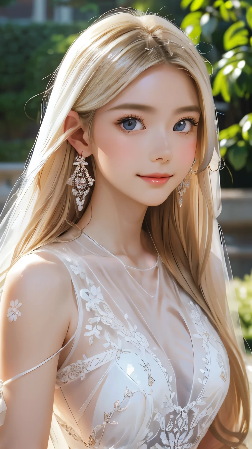 Blonde long-haired woman, Iris, Royalty, White see-through dress, Red Jewelry, Red earrings, moon, Noble, Lady, high quality, Very detailed, Detailed face, masterpiece, city, garden, Flowers, Light,(((White see-through dress)))､(((Upper body portrait)))、shy smile、