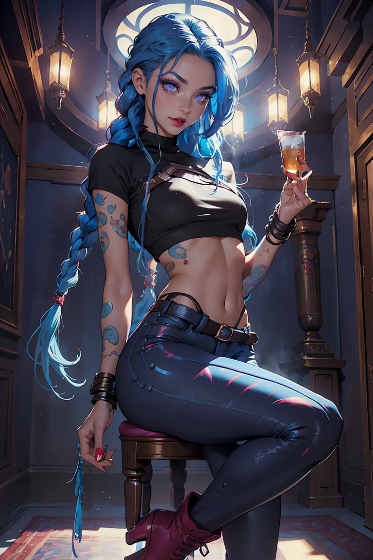 Goddess ((goddess-like woman)), slim elegant silhouette, masterpiece, best quality, sweet face, (masterpiece: 1.2, best quality), (real picture, intricate details), (1 lady, solo, medium tits, small waist, ), ((Jinx/LOL)), beautiful face, kissable lips, very long blue hair, Braided hair, two long braids, (very long blue hair), Blue hair, Red glowing eyes, glowing eyes, crazy eyes, she has an impressive presence, beautiful face, perfect makeup, Beautiful Eyes, big eyes, she looks at the viewer,   she is wearing a black leggings and white Crop Top and a fuzzy sweater, m3shm1cr0, leggings, short sleeves, midriff, crop top, Boots, sweet irresistible smile, elegant pose, elegant hands, beautiful hands, perfect fingers  , background: bright oriental room,