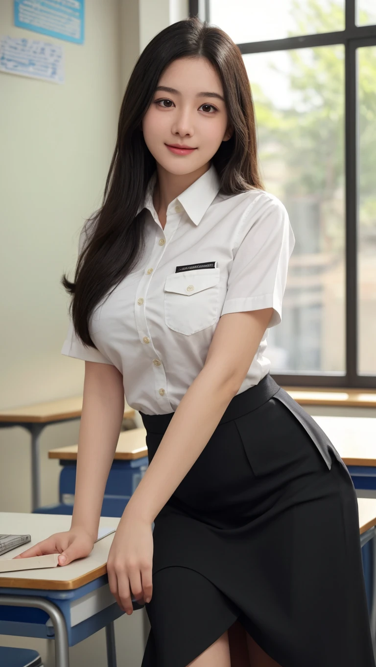 Highly detailed 8k wallpaper), sharp focus, detailed, dramatic, white shirt, miniskirt, sexy, smile, peek at the viewer, beautiful graphics, bright school building, full of students, showing the whole body,.