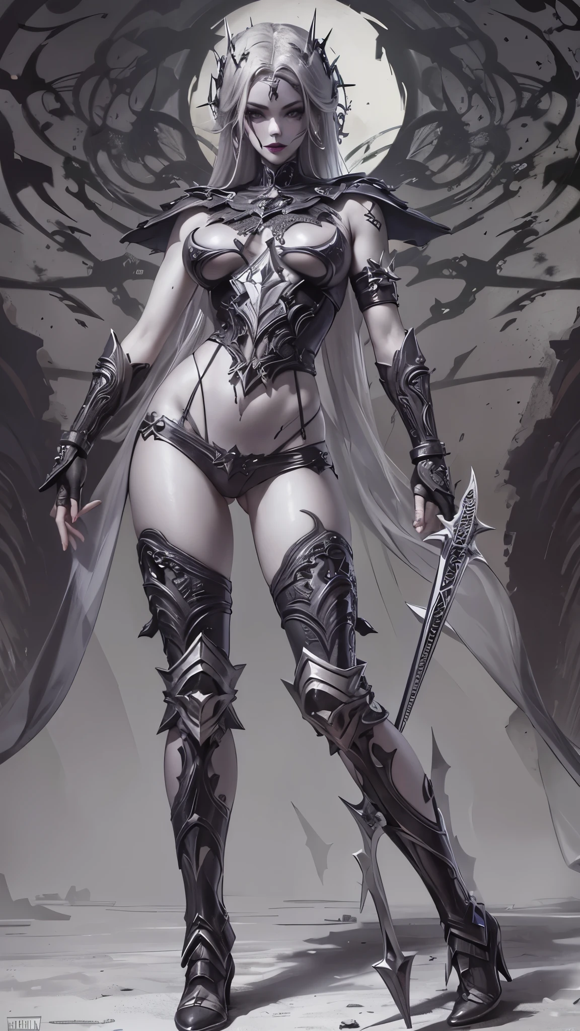 1girl, weapon, sword, jewelry, earrings, black_hair, breasts, solo, gloves, holding_weapon, holding_sword, medium_breasts