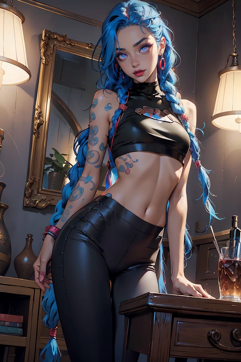 Goddess ((goddess-like woman)), slim elegant silhouette, masterpiece, best quality, sweet face, (masterpiece: 1.2, best quality), (real picture, intricate details), (1 lady, solo, medium tits, small waist, ), ((Jinx/LOL)), beautiful face, kissable lips, very long blue hair, Braided hair, two long braids, (very long blue hair), Blue hair, Red glowing eyes, glowing eyes, crazy eyes, she has an impressive presence, beautiful face, perfect makeup, Beautiful Eyes, big eyes, she looks at the viewer,   she is wearing a black leggings and white Crop Top and a fuzzy sweater, m3shm1cr0, leggings, short sleeves, midriff, crop top, Boots, sweet irresistible smile, elegant pose, elegant hands, beautiful hands, perfect fingers  , background: bright oriental room,