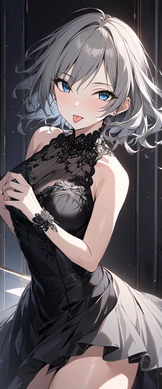 masterpiece, best quality, highres, 1girl, solo, anastasia (idolmaster), idolmaster cinderella girls, blue eyes, short hair, grey hair, black dress, cowboy shot, , tongue out, upper_body,Score_9, Score_8_up, Score_7_up, Score_6_up, Score_5_up, Score_4_up, Source_anime, Tag1, Tag2, Quality_masterpiece, Anatomically correct, Beautiful face, Perfect face, Highly detailed beautiful face and eyes, Attractive face, Detailed face, Delicate facial features, Detailed skin, medium breasts, Wide hips, Perfect fingers,