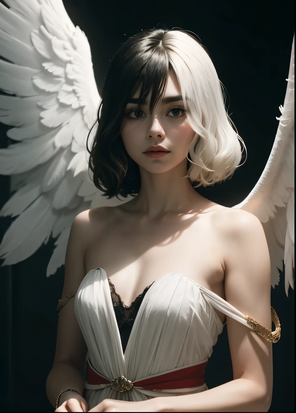  The character portrayed in the image appears to be a heavenly figure , possibly an angel.  It has long white wings that suggest her supernatural nature . Her hair is long and light ,  probably in shades of blonde ,  and wraps around her face in an ethereal manner .

 The clothing is predominantly white ,  with a style that mixes fantasy elements and a touch of fragility .  The character wears red stripes that add visual contrast to her appearance ,  suggesting a darker or more dramatic aesthetic .

Her pose , with arms tied,  can convey a sense of vulnerability or imprisonment ,  which contrasts with the image associated with angels ,  who are generally seen as free and protective beings .  The soft lighting and dark background highlight her figure ,  creating a mystical and intriguing atmosphere . 

 The combination of all these elements contributes to a rich visual interpretation,  filled with symbolism and emotion .