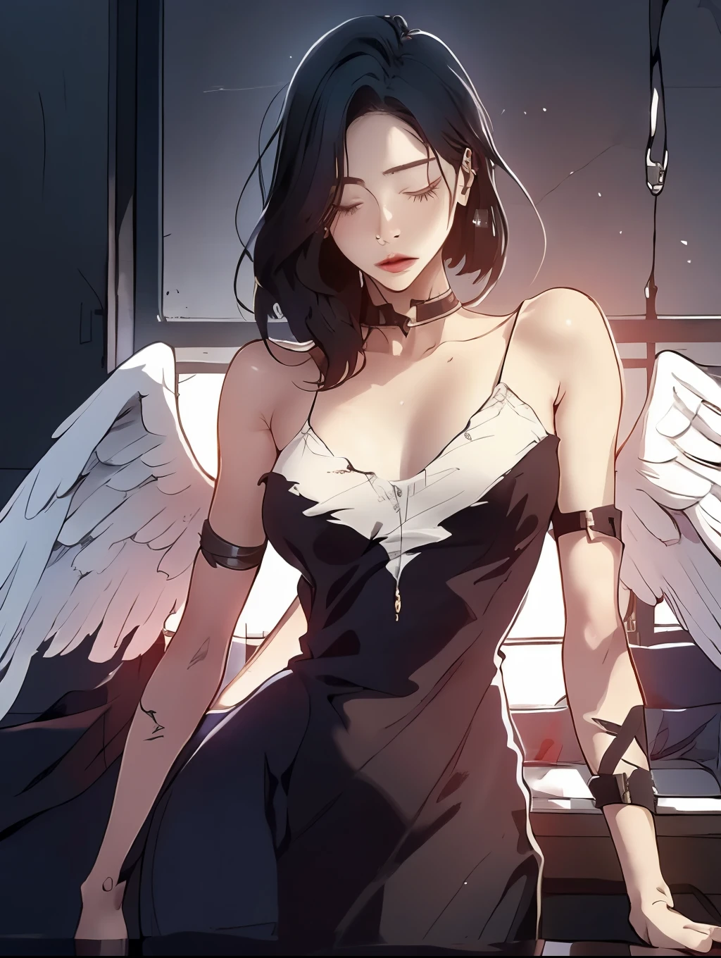  The character portrayed in the image appears to be a heavenly figure , possibly an angel.  It has long white wings that suggest her supernatural nature . Her hair is long and light ,  probably in shades of blonde ,  and wraps around her face in an ethereal manner .

 The clothing is predominantly white ,  with a style that mixes fantasy elements and a touch of fragility .  The character wears red stripes that add visual contrast to her appearance ,  suggesting a darker or more dramatic aesthetic .

Her pose , with arms tied,  can convey a sense of vulnerability or imprisonment ,  which contrasts with the image associated with angels ,  who are generally seen as free and protective beings .  The soft lighting and dark background highlight her figure ,  creating a mystical and intriguing atmosphere . 

 The combination of all these elements contributes to a rich visual interpretation,  filled with symbolism and emotion .