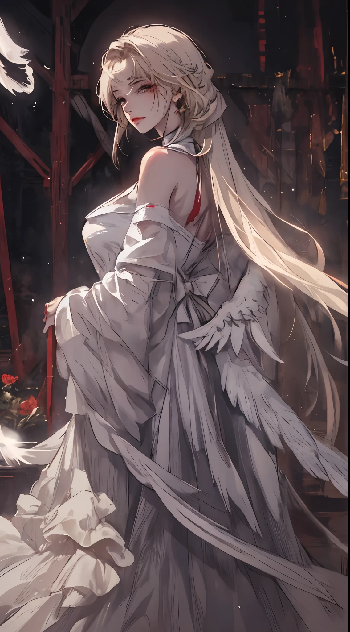  The character portrayed in the image appears to be a heavenly figure , possibly an angel.  It has long white wings that suggest her supernatural nature . Her hair is long and light ,  probably in shades of blonde ,  and wraps around her face in an ethereal manner .

 The clothing is predominantly white ,  with a style that mixes fantasy elements and a touch of fragility .  The character wears red stripes that add visual contrast to her appearance ,  suggesting a darker or more dramatic aesthetic .

Her pose , with arms tied,  can convey a sense of vulnerability or imprisonment ,  which contrasts with the image associated with angels ,  who are generally seen as free and protective beings .  The soft lighting and dark background highlight her figure ,  creating a mystical and intriguing atmosphere . 

 The combination of all these elements contributes to a rich visual interpretation,  filled with symbolism and emotion .