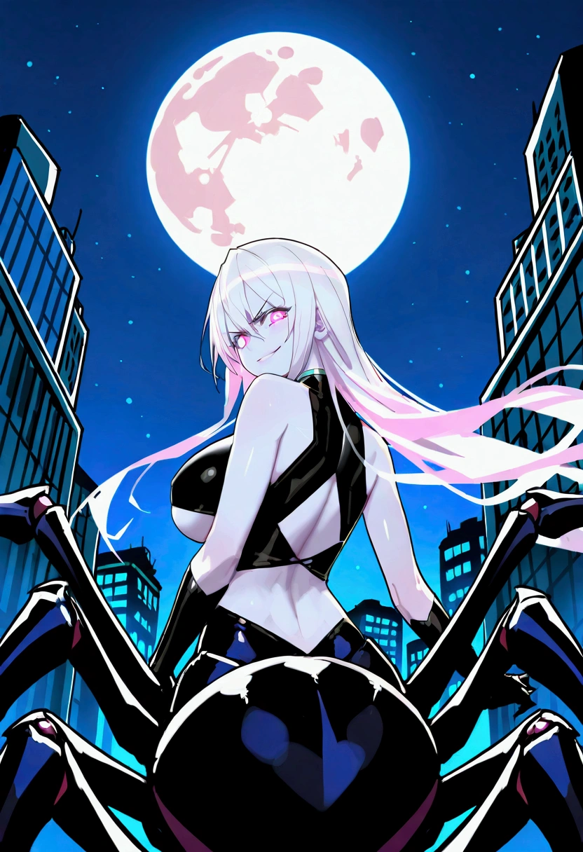 score_9,score_8_up,score_7, source anime, BREAK,1 girl, solo, spider girl, arthropod girl, pale white skin, white long hairs, demon_red-eyes, black clothes, revealing top skinsuit shoulder-less sleeveless shirt, underboobs, big large breasts, black arachnid taur, black spider abdomen, midriff, night sky, post-apocalypse, crumbling city on background, late night, moon, dark alleyway, detailed face, frustrated, angry face, evil grin, evil smile, vicious, sexy, beautiful face, flawless face, detailed eyes, large eyes, beautiful girl, looking at the viewer, half-length portrait, close-up, from behind, back, rear back,