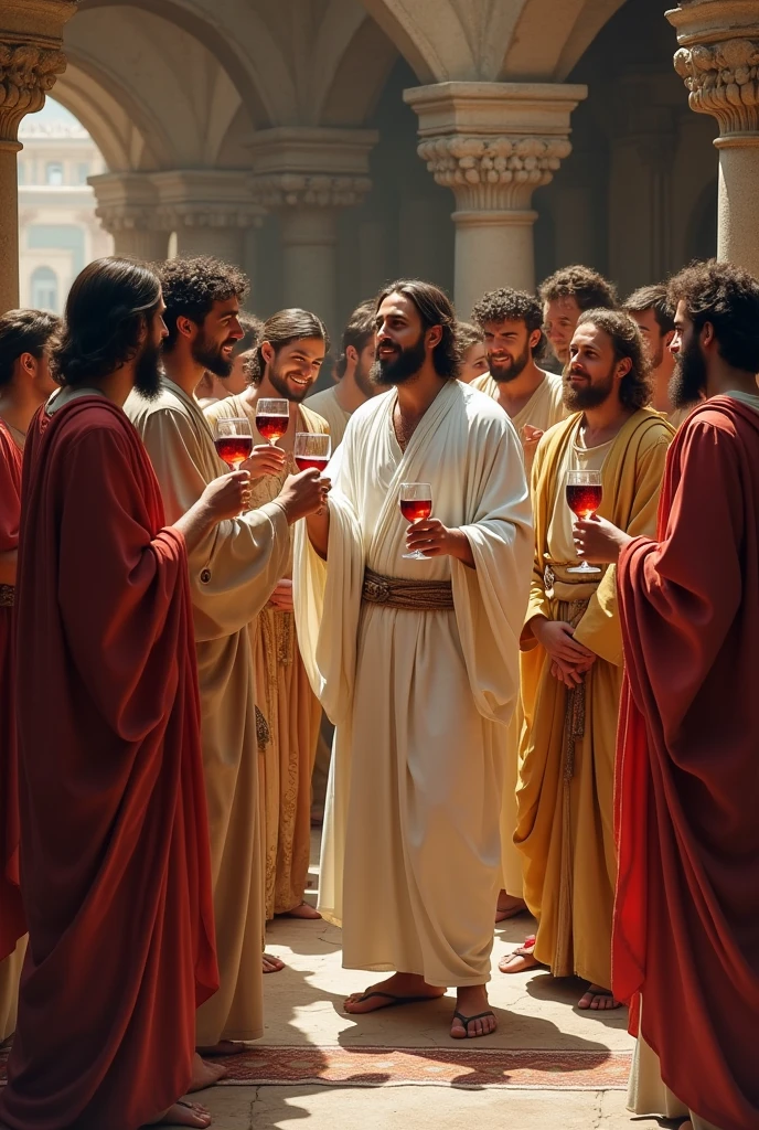 A wedding scene in Cana with guests marveling at the miracle of water turning into wine. Some guests are holding goblets of the newly transformed wine, and their expressions range from surprise to amazement. The atmosphere is vibrant with celebration and a sense of divine intervention