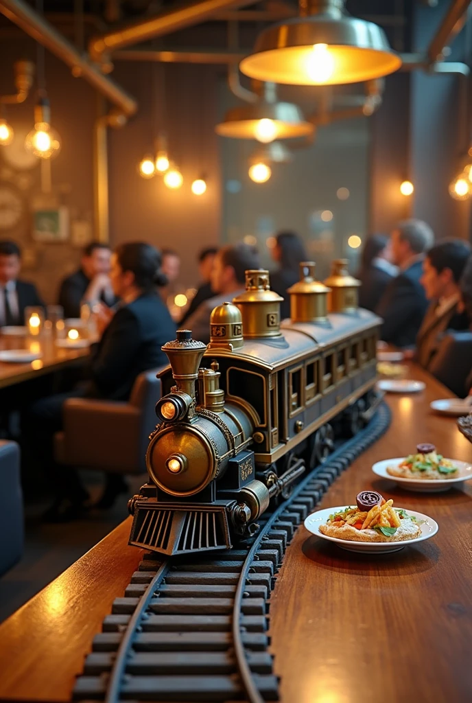 Create a picture of a family dining in an extremely luxurious restaurant,But food is garbage,A train loaded with bananas passed by,A man stood on the body,Wear a suit,There is a pig's tail,Look into the distance,Turn your back to the painting,Realistic painting style