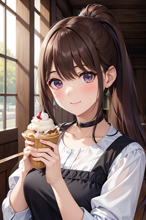 my grandmother、 shiny maroon hair , ( brown pretty eyes)、smile、 Sparkling Eyes , (Fine grain)、 ultra-detailed eyes sandwiched between columns、Highly detailed faces, very detailed eyes, cowboy shot、
one woman、 ponytail、 Oblique Eyes 、whole body、Tsundere、 casual clothes 、 ice cream in your right hand、construction area、Hold an ultra-precise and accurate