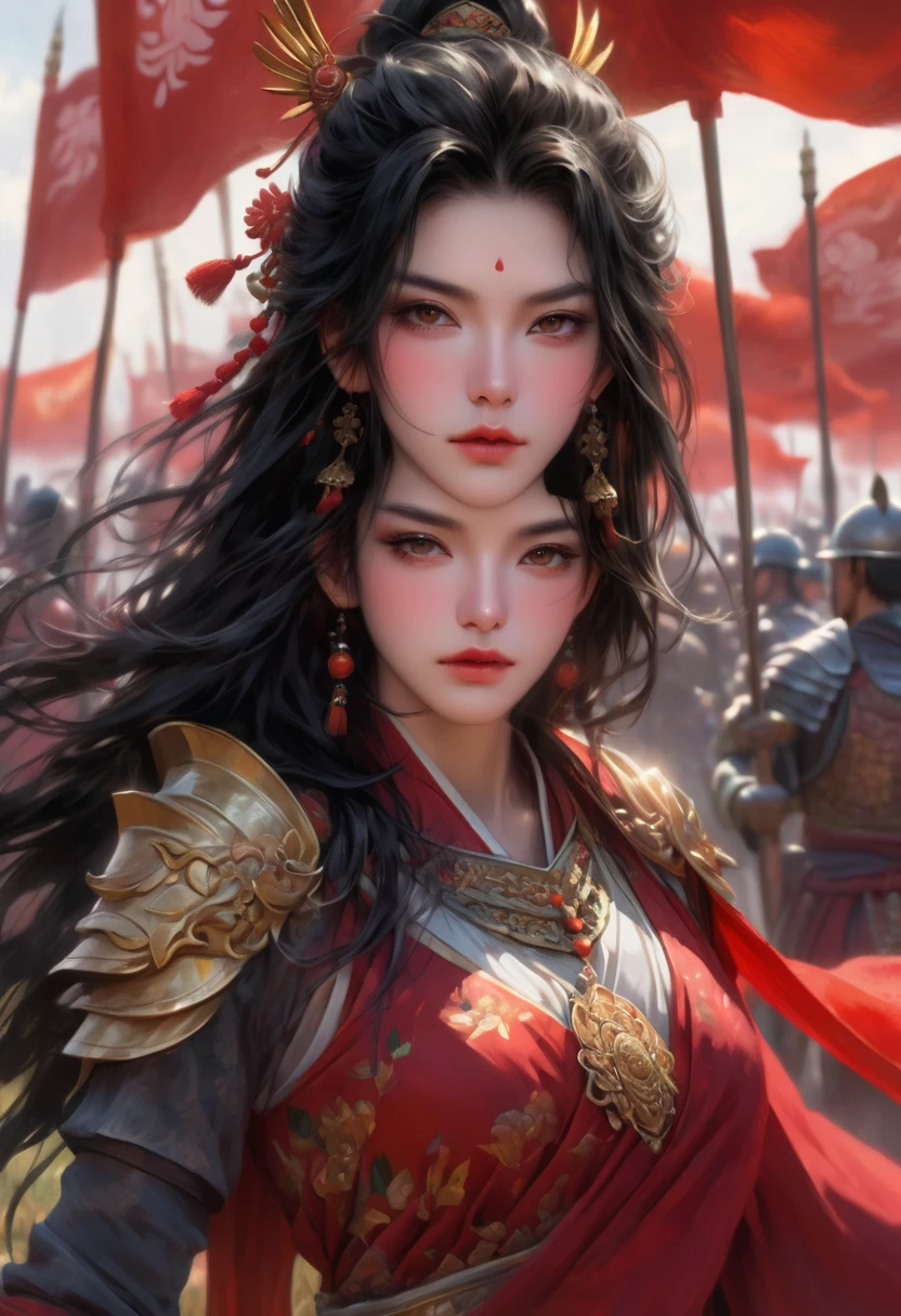 (masterpiece:1.3, Highest quality, Ultra-high resolution, Very detailed), (Realistic, photoRealistic:1.4), Perfect lighting, colorful, Written boundary depth, Browsing Caution, Surrealism,Beautiful detailsまでこだわった髪, Beautifully detailed face、Beautiful details, Perfect Face, Perfect Anatomy, Long necked supermodel,((Skinny 1.3)),Looking into the camera,(Perfect Anatomy),((beautiful girl:1.1)),(( Large Breasts: 1.3 )),(Medium Hair:1.2, Wavy Hair:1.2, Black Hair) ,Dainty facial structure、With fox ears on the head、Sengoku period、battlefield、battle、Female Samurai、Maid、armor、Battle attire、Japanese sword、Sword in both hands、nine tailed fox、Old Townscape、Old Japan、Sunset、Show whole body、Whole body、Facing forward、体はFacing forward
