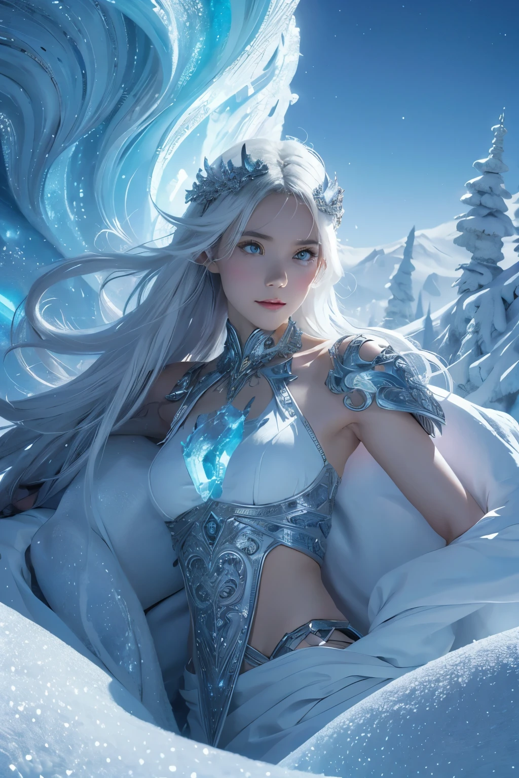 ais-rbts time elemental wearing an outrageous fashion outfit, Snowy plateau with icy peaks in the background,,,,  intricate, elegant, highly detailed, digital painting, artstation, concept art, smooth, sharp focus, colored illustration for tattoo, art by artgerm and greg rutkowski and alphonse mucha