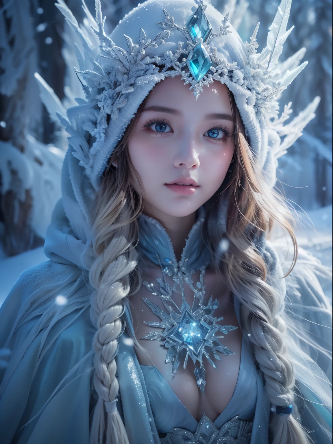 (best quality,4k,8k,highres,masterpiece:1.2),ultra-detailed,(realistic,photorealistic,photo-realistic:1.37),ice rime witch style,icy blue,sparkling snowflakes,frozen landscape,gown made of ice shards,mystical aura,magical ice crystals reflecting light,sharp and piercing gaze,frost-covered eyelashes,elegant and ethereal figure,ice crown on the head,delicate frost patterns on the skin,cold breath visible,icy gusts of wind swirling around,glowing ice magic in the hands,frozen branches reaching out,long silver hair shimmering like ice,eerie and haunting atmosphere,dark and mysterious forest background,moonlight casting an enchanting glow,aurora borealis dancing across the sky,alluring and powerful presence,subtle hints of ancient magic,unearthly beauty,glacial magic swirling around,crystal-clear ice palace,isolated and magical winter realm,frozen rivers and lakes,icy crystals forming intricate patterns,hooded cape flowing in the wind,elegant and graceful movements,icy spikes forming a protective barrier,snow-covered footsteps leading to the unknown,deep blue eyes shining with wisdom and power,chilling yet mesmerizing persona.