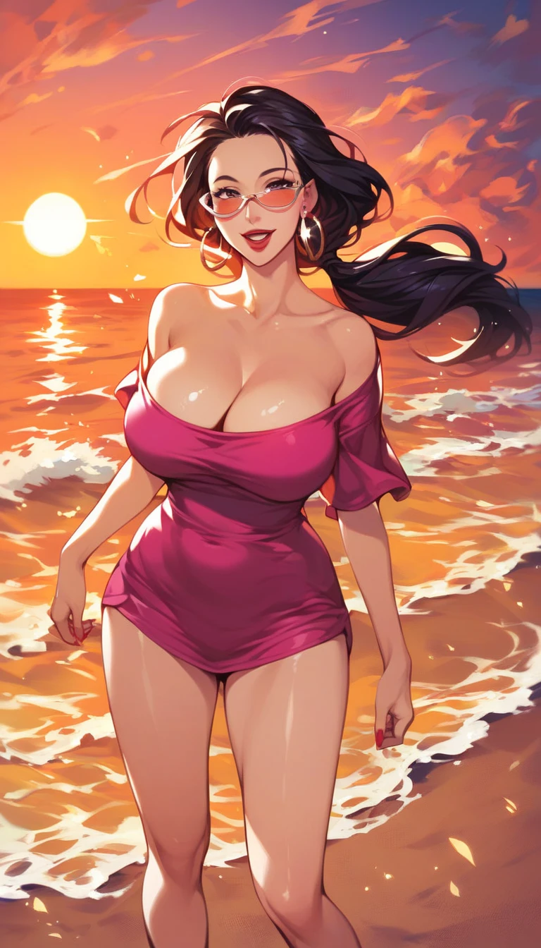 Hot beautiful milf mom ,low ponytail, hair slicked back, floating hair, masterpiece, best quality, ultra-detailed, solo, mature female, beautiful face, smile open mouth, sun glasses, looking at viewer, perfect shadows, shiny skin, ((oversized off shoulder shirt, bare legs, bottomless)), large breasts, cleavage, standing, sea, beach, sand, wind, sunset,big hoops earrings ,red lipstick ,close up