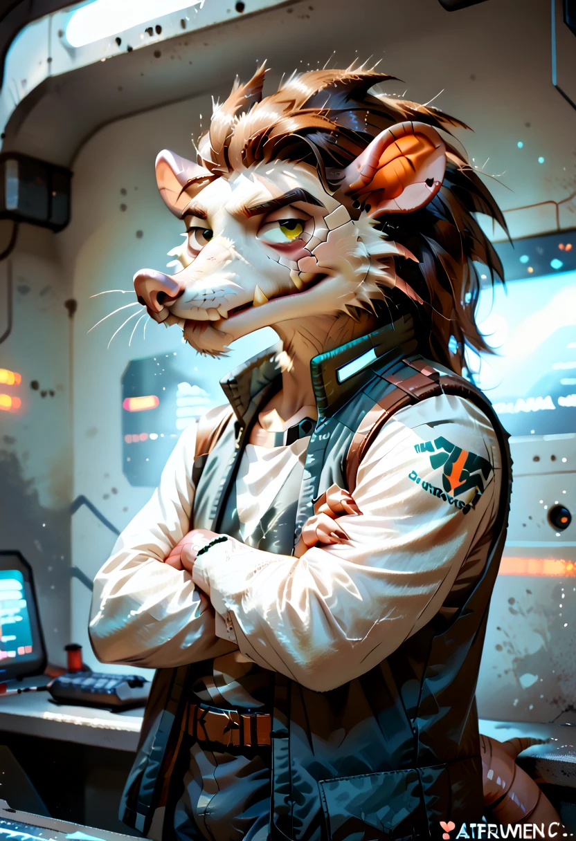 Argit,young,adventurer,adventurous,rat boy, long tail,confident expression,adventurer outfit,cyberpunk space setting,vibrant colors and tone